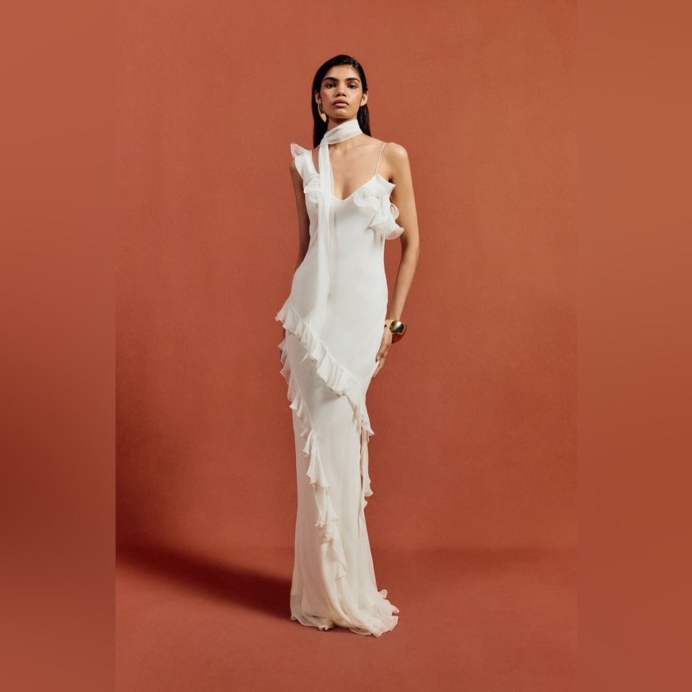 NWT De La Vali Hemera Silk Maxi Dress White Ruffle Slip Gown